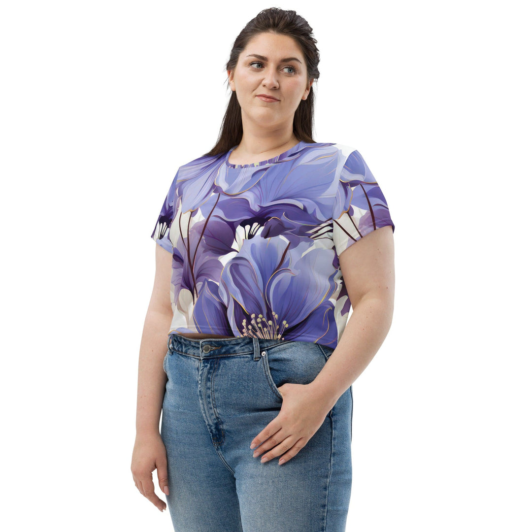 Womens Stretch Fit Crop Tee T-shirt Jersey - Purple Botanical Blooms