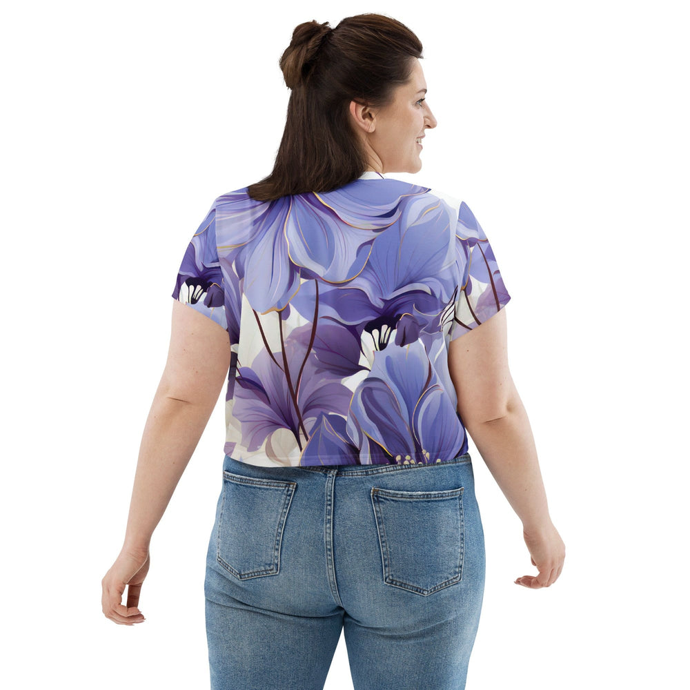 Womens Stretch Fit Crop Tee T-shirt Jersey - Purple Botanical Blooms