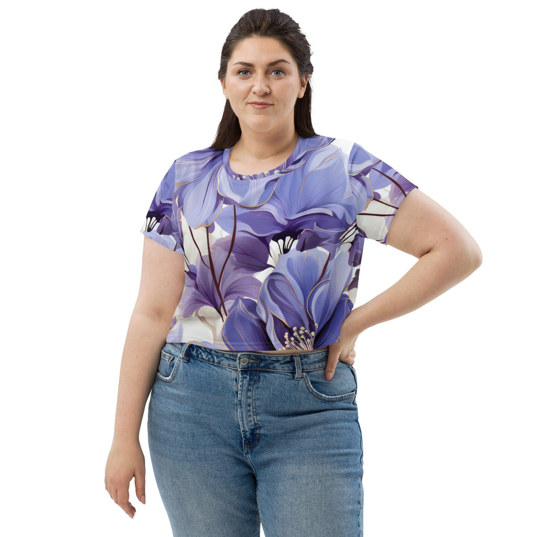 Womens Stretch Fit Crop Tee T-shirt Jersey - Purple Botanical Blooms