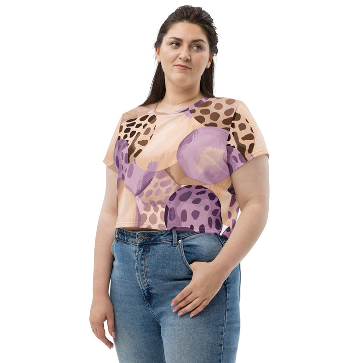 Womens Stretch Fit Crop Tee T-shirt Jersey - Purple Lavender Spotted Print