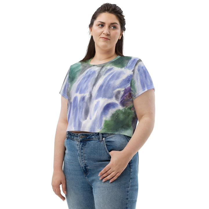 Womens Stretch Fit Crop Tee T-shirt Jersey - Purple Watercolor Waterfall Green