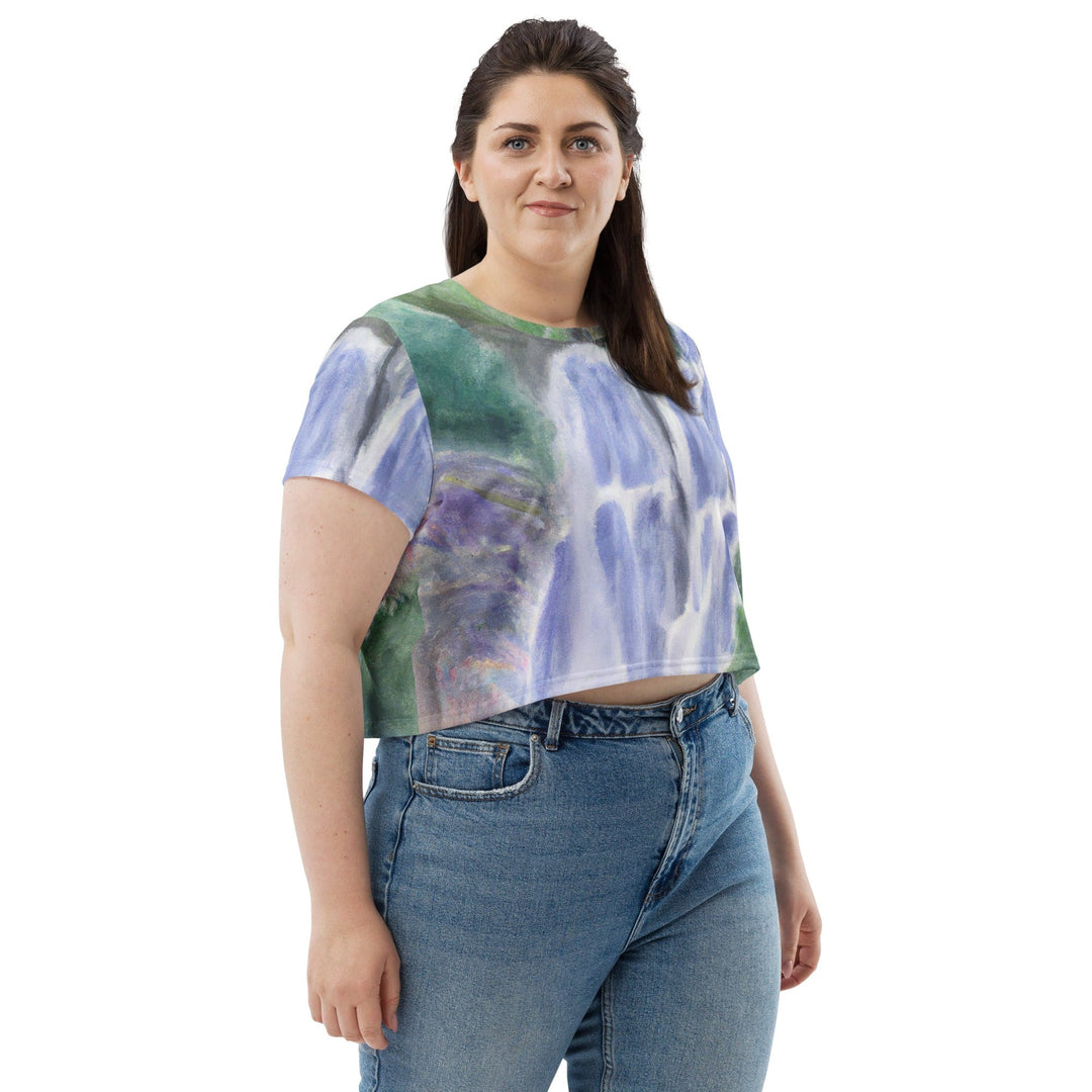 Womens Stretch Fit Crop Tee T-shirt Jersey - Purple Watercolor Waterfall Green