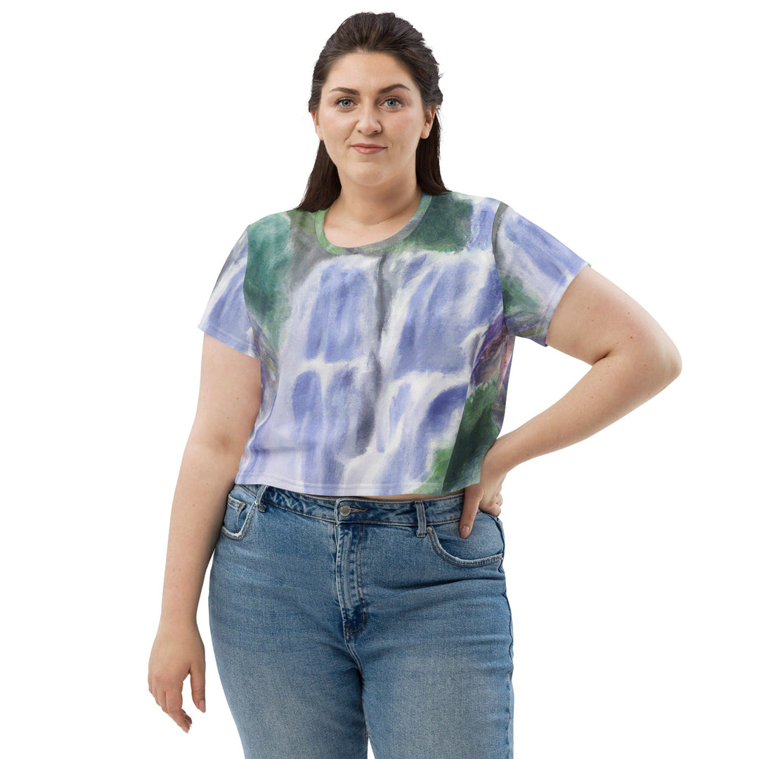 Womens Stretch Fit Crop Tee T-shirt Jersey - Purple Watercolor Waterfall Green