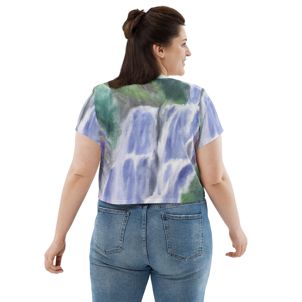 Womens Stretch Fit Crop Tee T-shirt Jersey - Purple Watercolor Waterfall Green