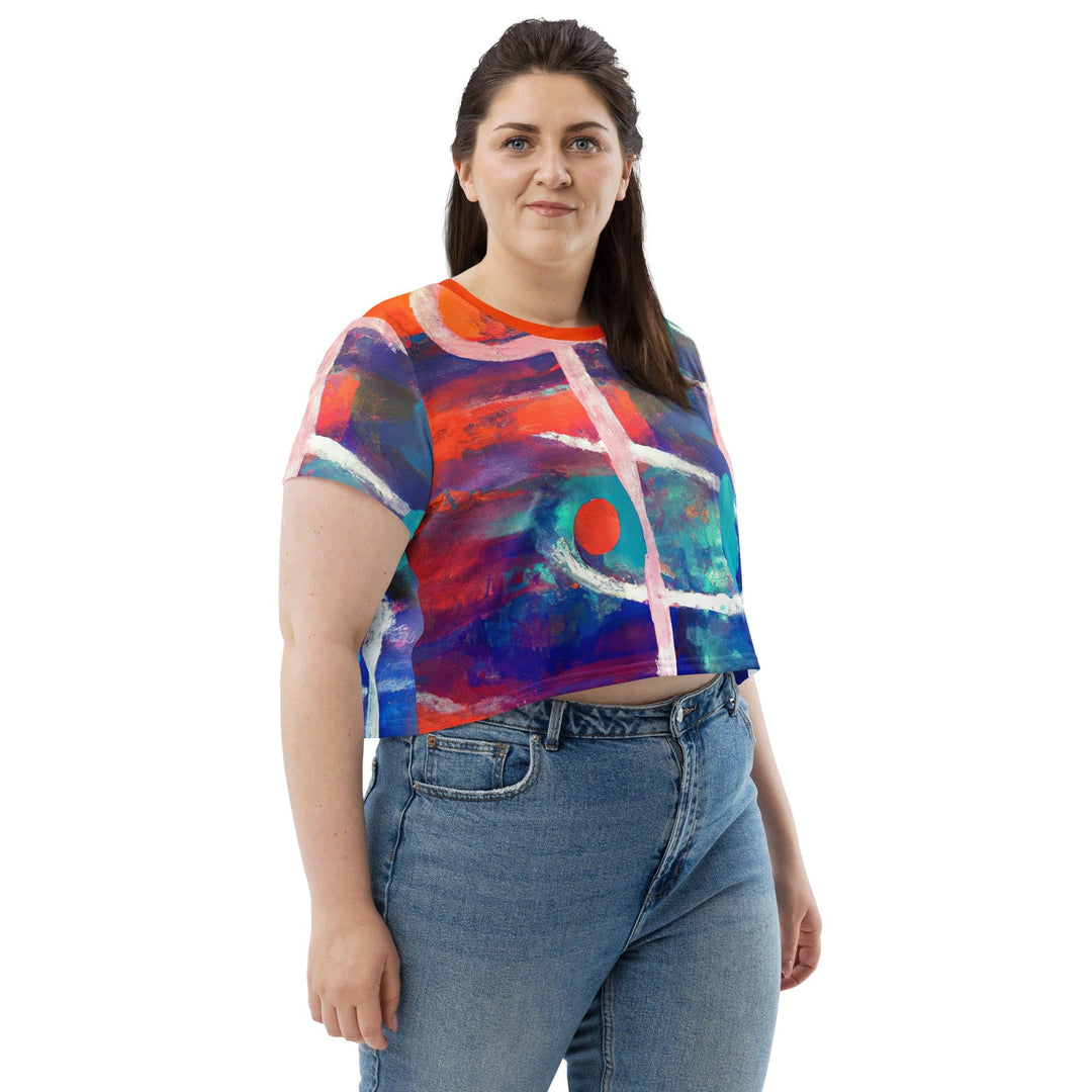 Womens Stretch Fit Crop Tee T-shirt Jersey - Red Blue Multicolor Abstract Print