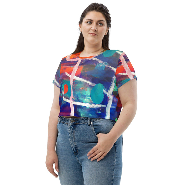 Womens Stretch Fit Crop Tee T-shirt Jersey - Red Blue Multicolor Abstract Print