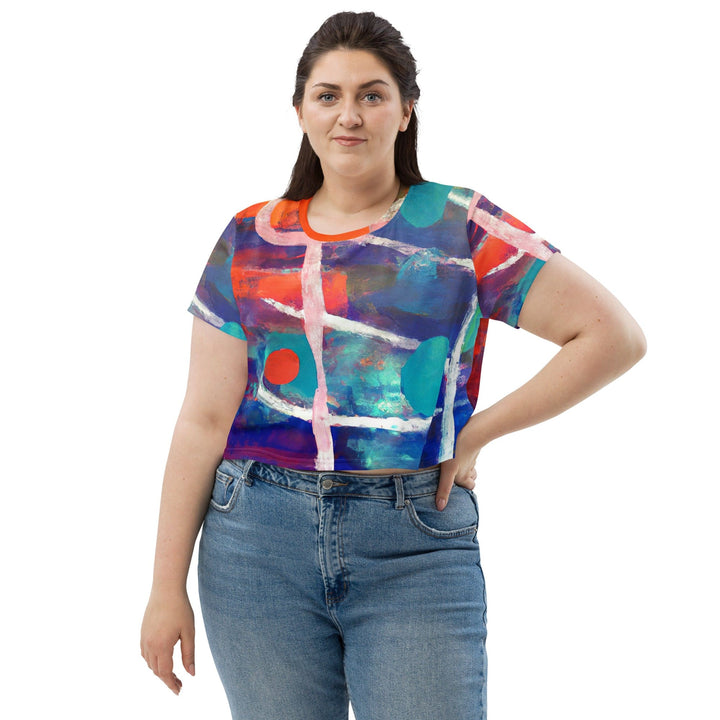 Womens Stretch Fit Crop Tee T-shirt Jersey - Red Blue Multicolor Abstract Print