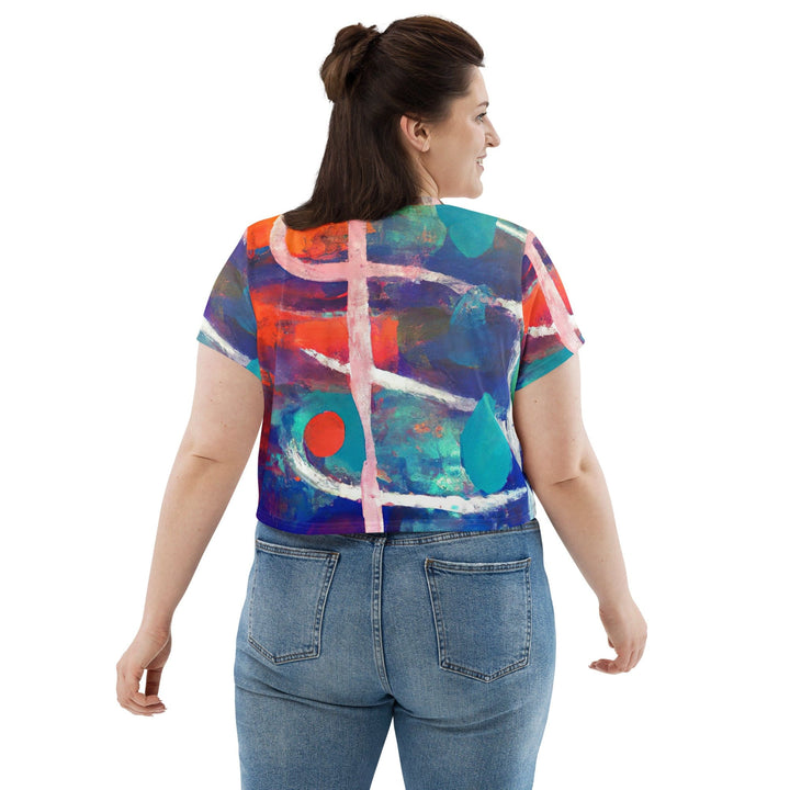Womens Stretch Fit Crop Tee T-shirt Jersey - Red Blue Multicolor Abstract Print