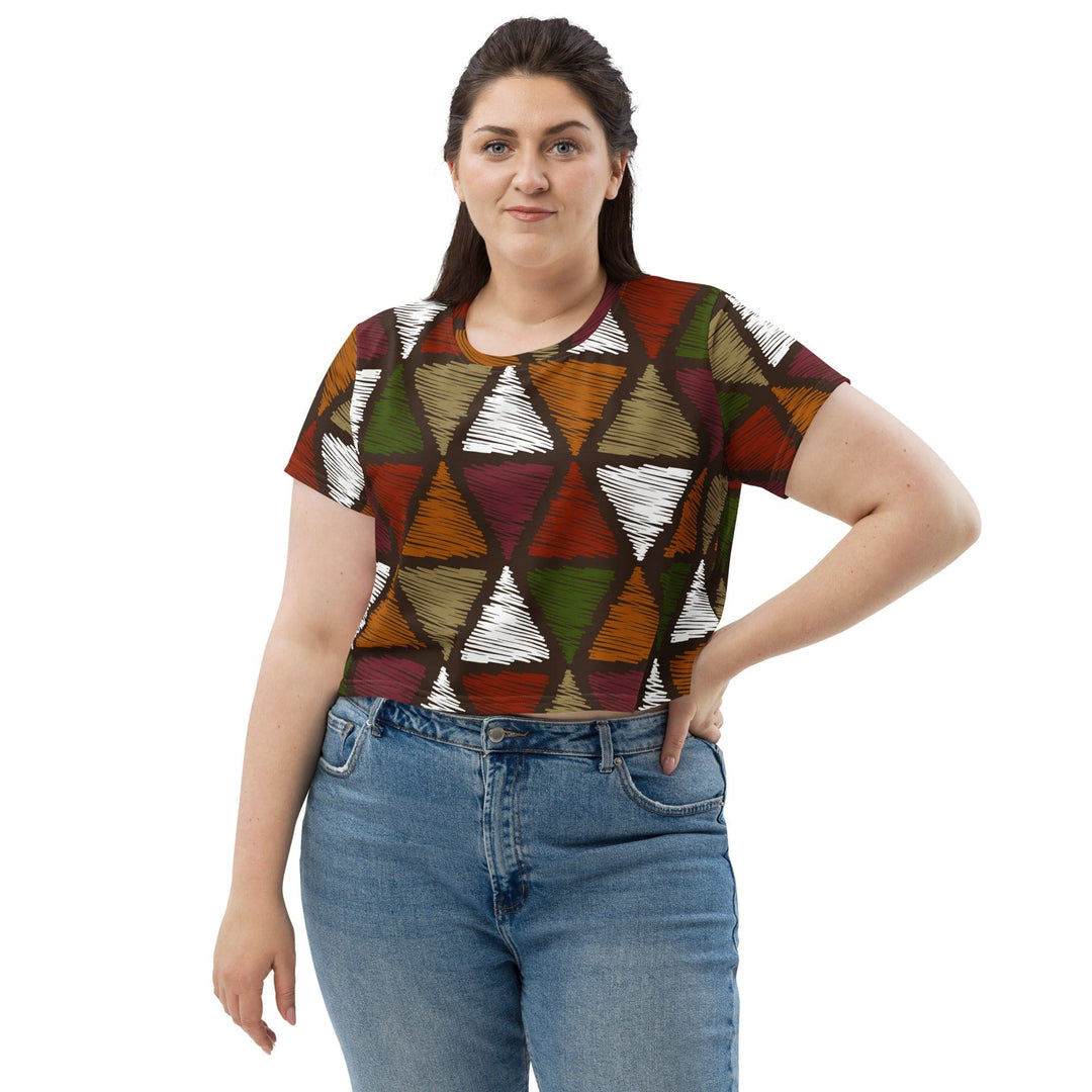 Womens Stretch Fit Crop Tee T-shirt Jersey - Red Green Geometric Lines