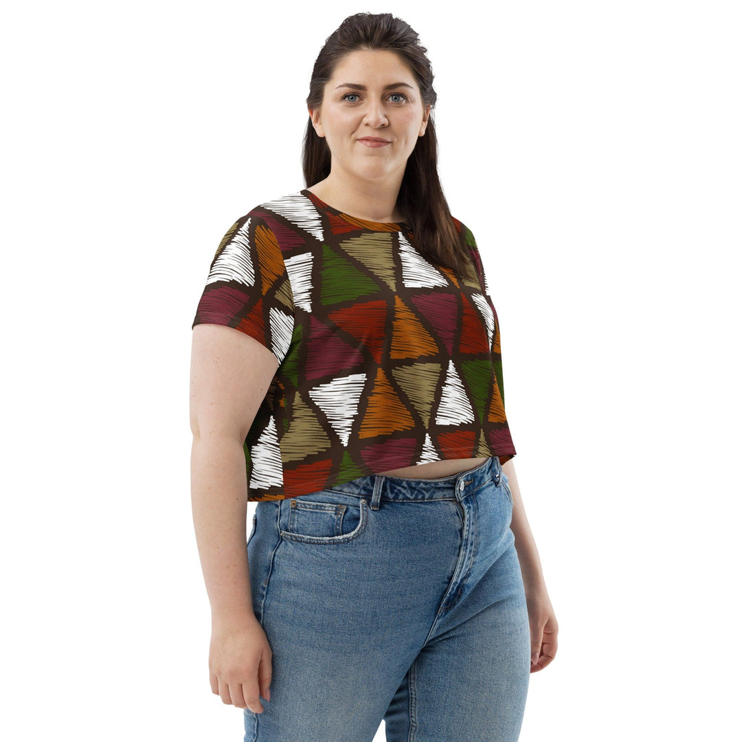 Womens Stretch Fit Crop Tee T-shirt Jersey - Red Green Geometric Lines
