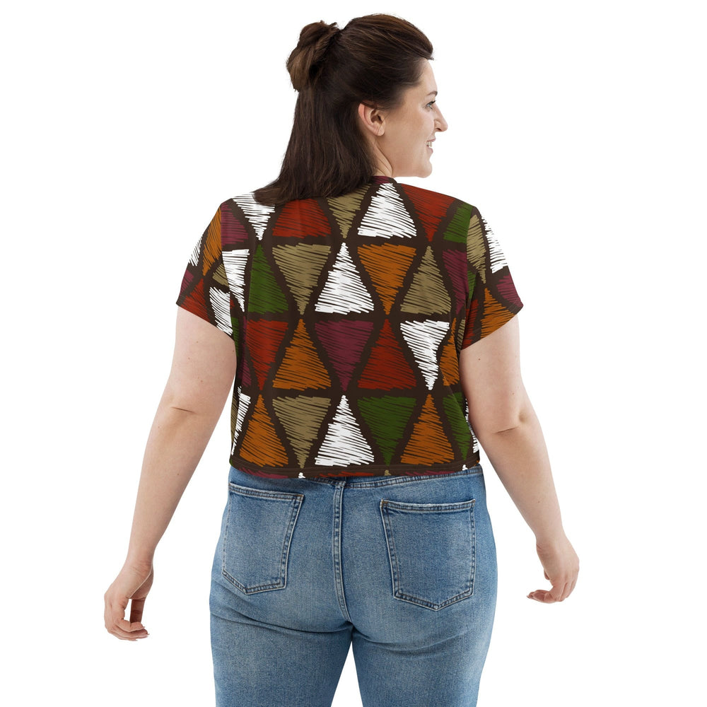 Womens Stretch Fit Crop Tee T-shirt Jersey - Red Green Geometric Lines