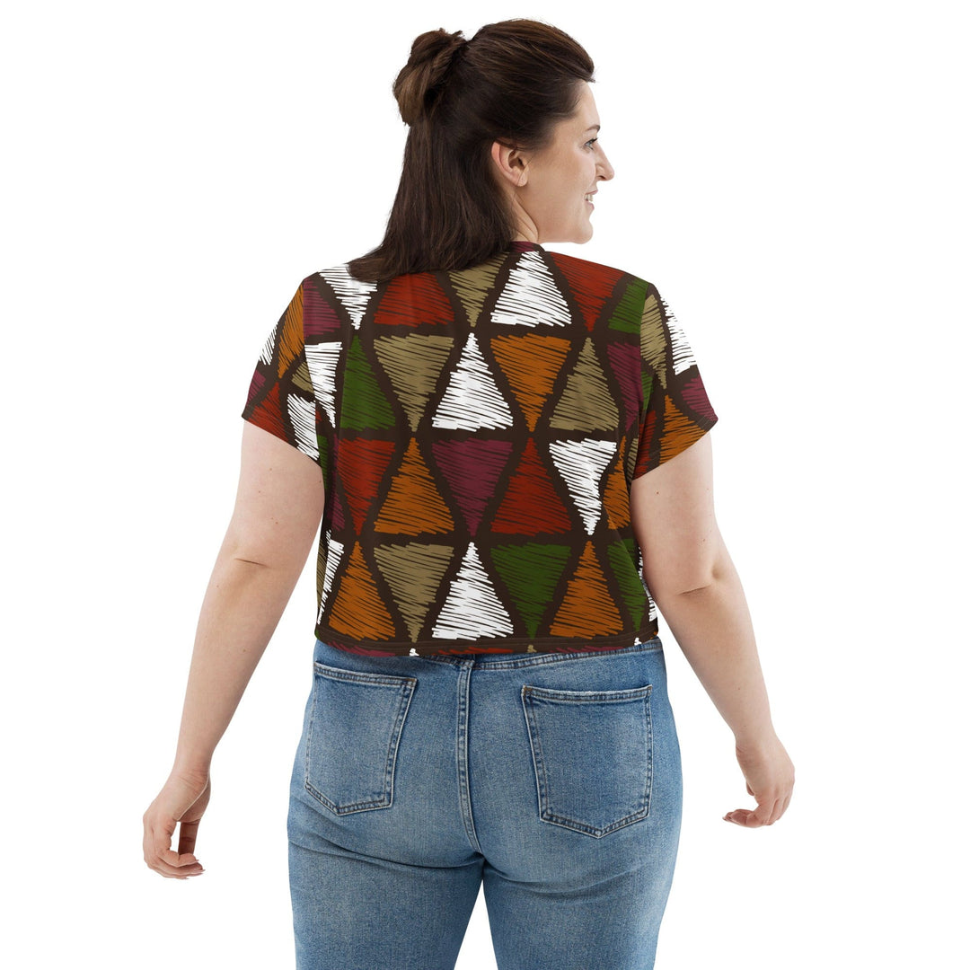 Womens Stretch Fit Crop Tee T-shirt Jersey - Red Green Geometric Lines