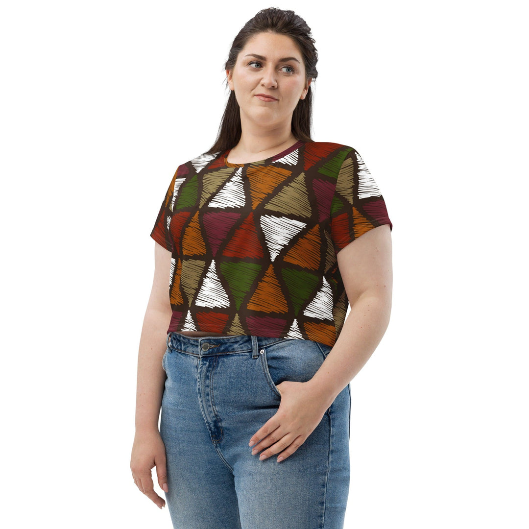 Womens Stretch Fit Crop Tee T-shirt Jersey - Red Green Geometric Lines