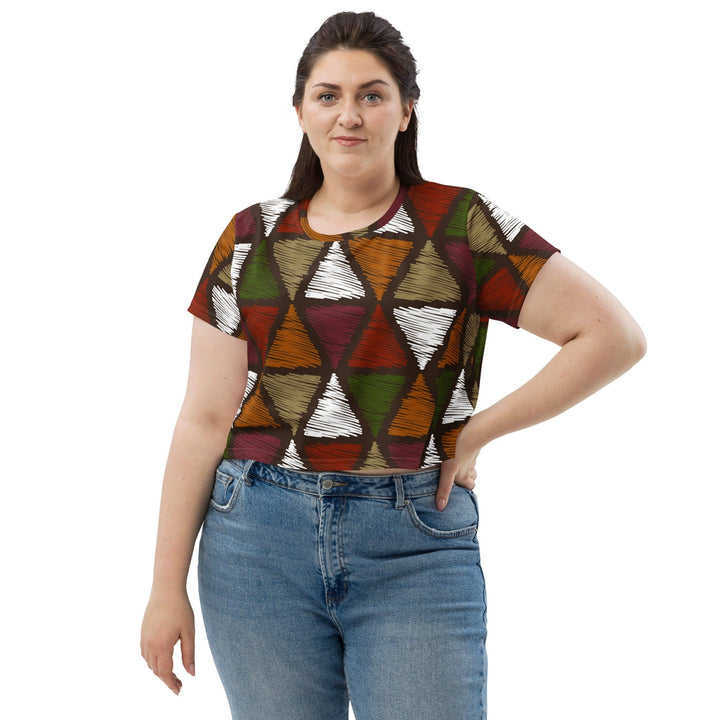 Womens Stretch Fit Crop Tee T-shirt Jersey - Red Green Geometric Lines