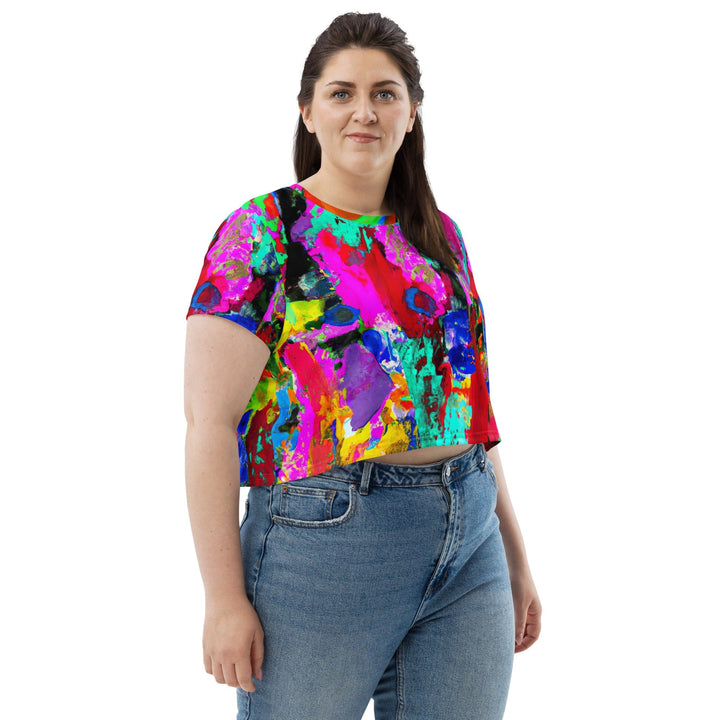 Womens Stretch Fit Crop Tee T-shirt Jersey - Red Multicolor Abstract Print