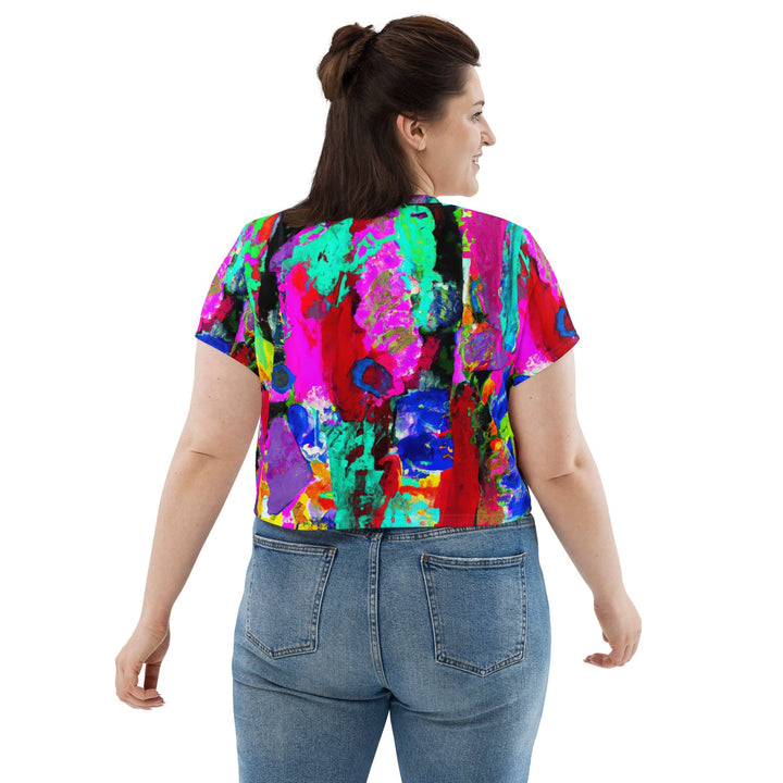 Womens Stretch Fit Crop Tee T-shirt Jersey - Red Multicolor Abstract Print