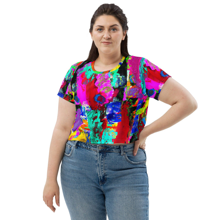 Womens Stretch Fit Crop Tee T-shirt Jersey - Red Multicolor Abstract Print