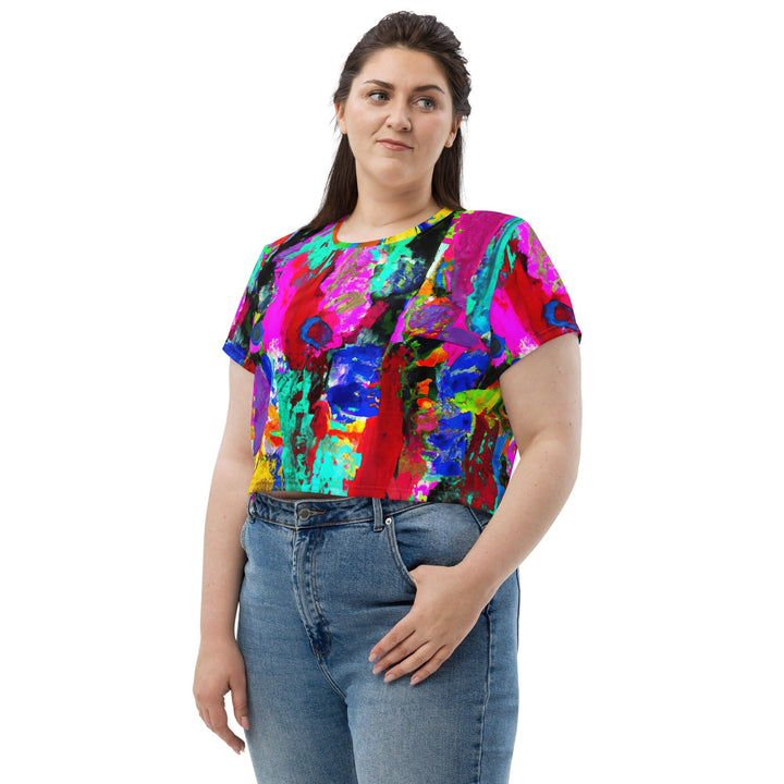 Womens Stretch Fit Crop Tee T-shirt Jersey - Red Multicolor Abstract Print