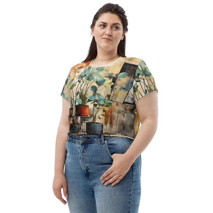 Womens Stretch Fit Crop Tee T-shirt Jersey - Rustic Botanical Plants
