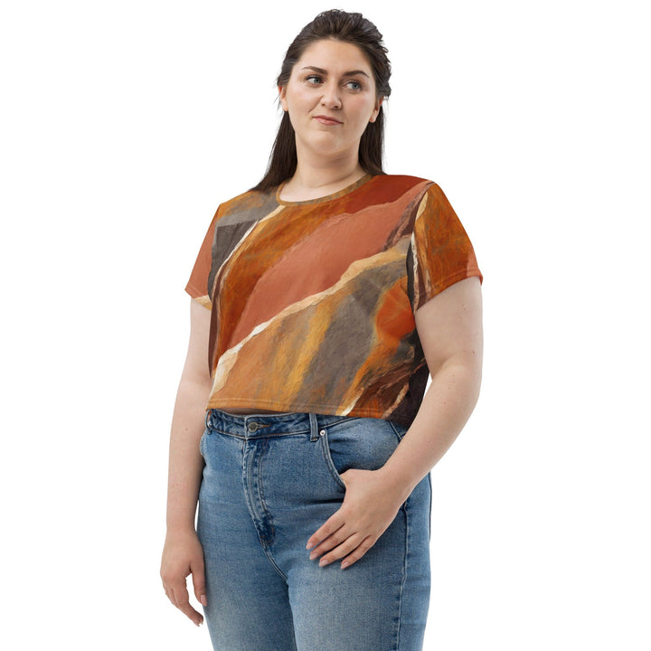 Womens Stretch Fit Crop Tee T-shirt Jersey - Rustic Brown Stone Print