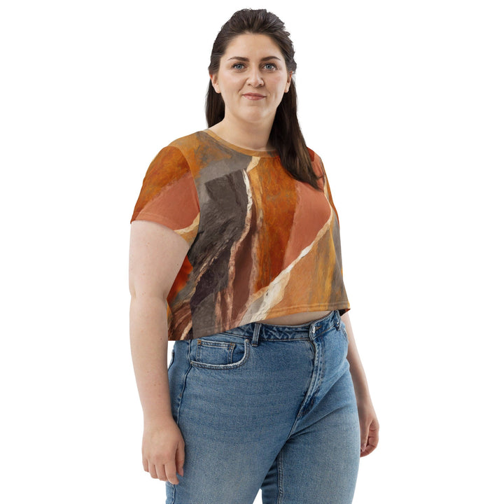 Womens Stretch Fit Crop Tee T-shirt Jersey - Rustic Brown Stone Print