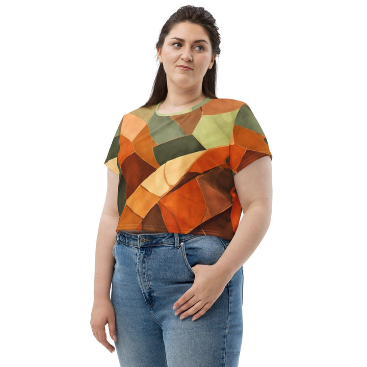 Womens Stretch Fit Crop Tee T-shirt Jersey - Rustic Red Abstract Pattern