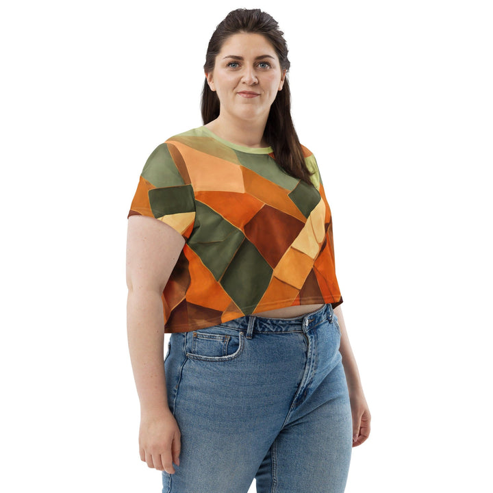 Womens Stretch Fit Crop Tee T-shirt Jersey - Rustic Red Abstract Pattern