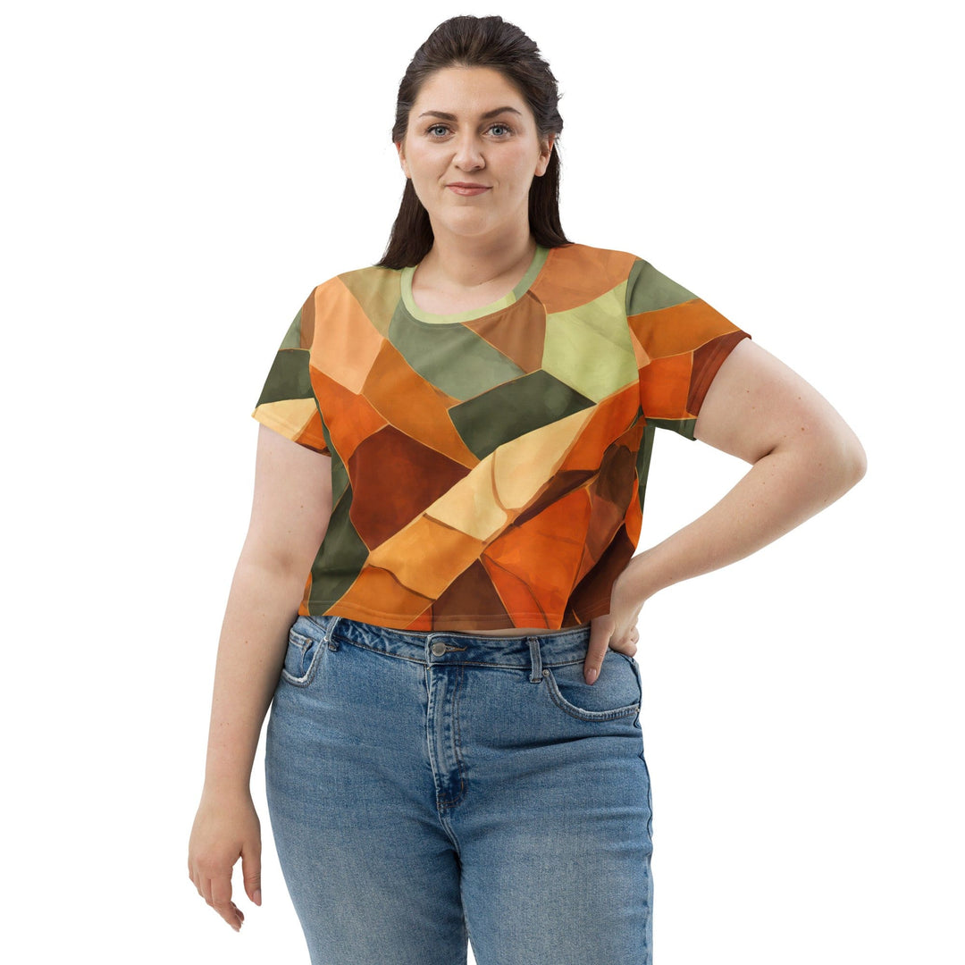 Womens Stretch Fit Crop Tee T-shirt Jersey - Rustic Red Abstract Pattern