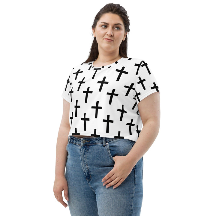 Womens Stretch Fit Crop Tee T-shirt Jersey - White Black Cross Print