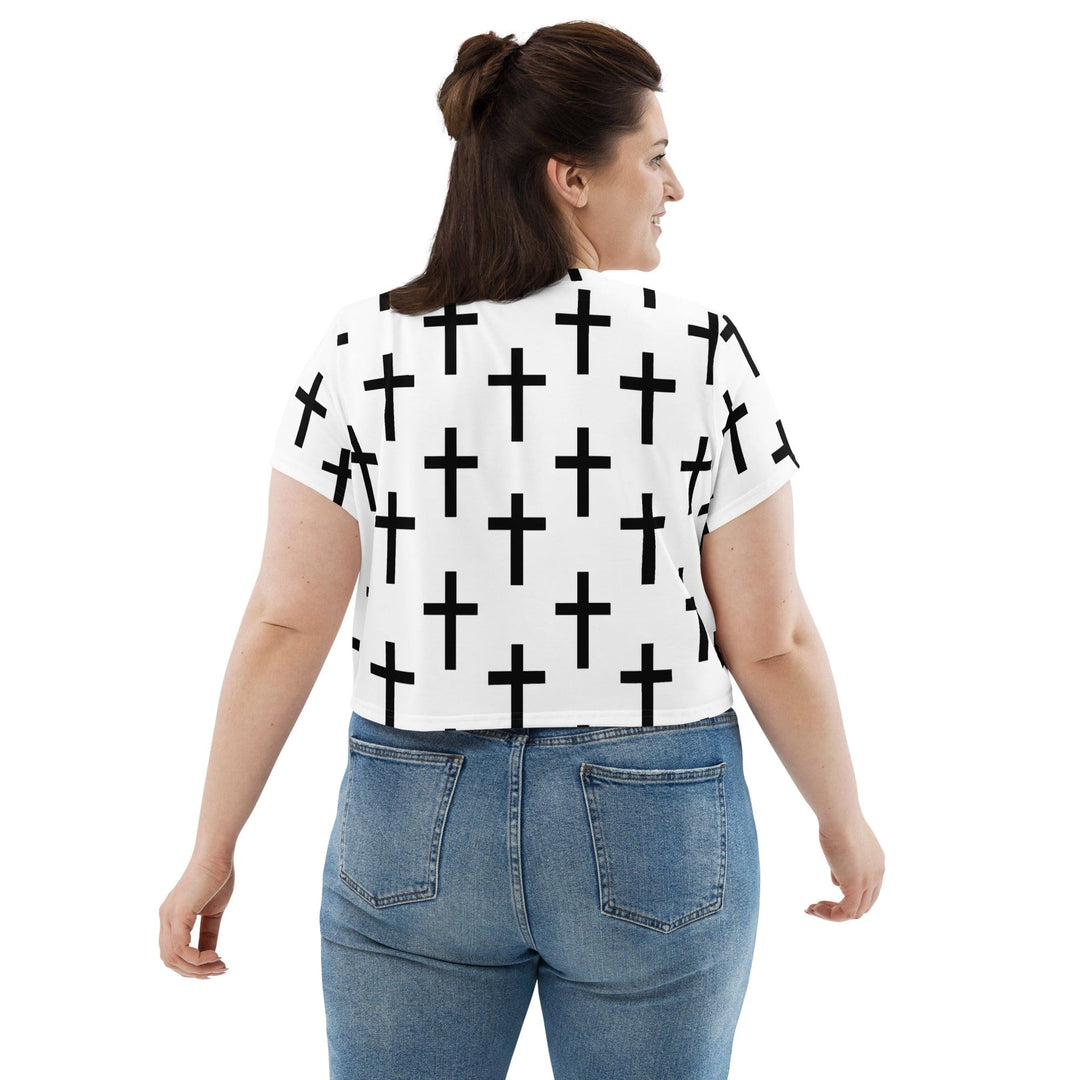 Womens Stretch Fit Crop Tee T-shirt Jersey - White Black Cross Print