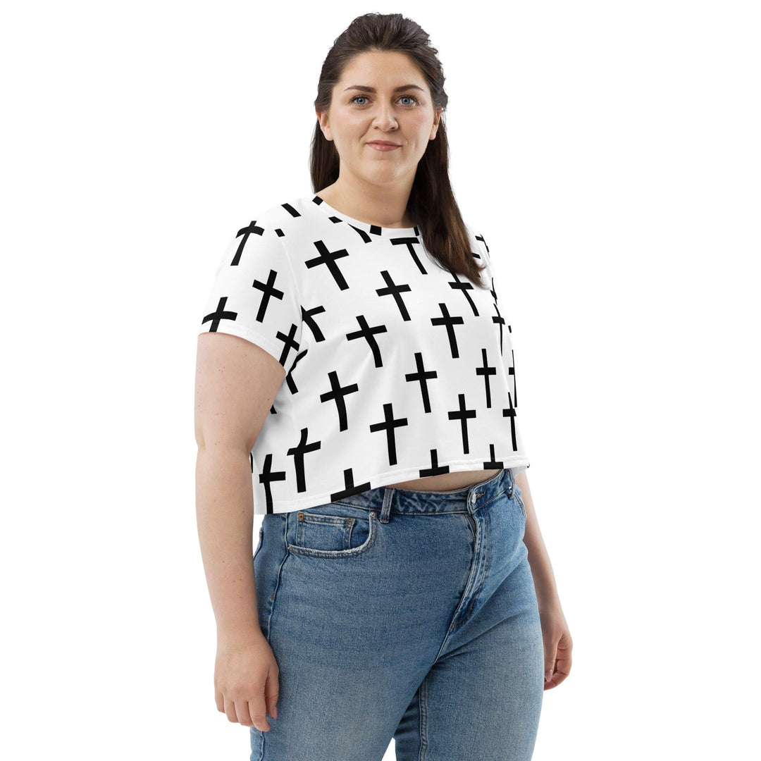 Womens Stretch Fit Crop Tee T-shirt Jersey - White Black Cross Print
