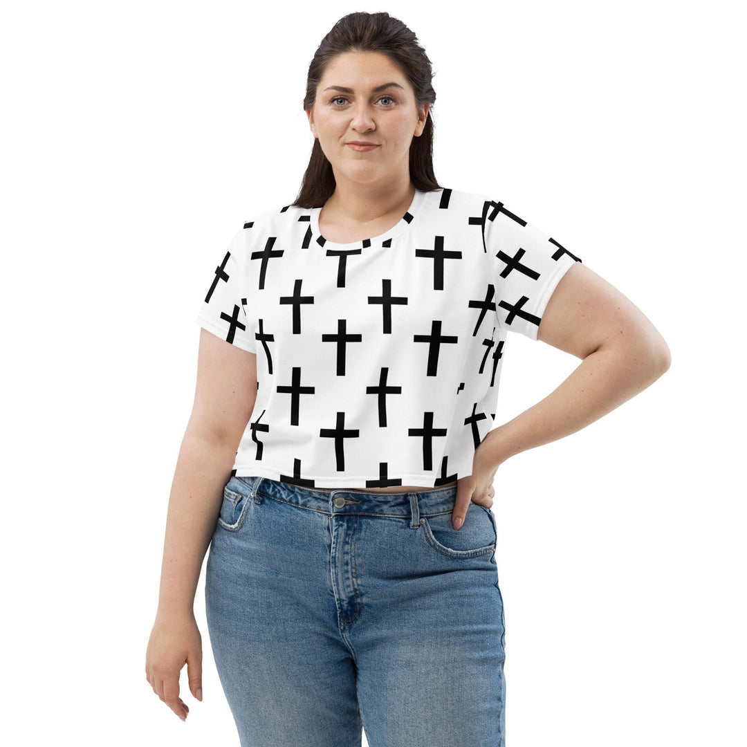 Womens Stretch Fit Crop Tee T-shirt Jersey - White Black Cross Print