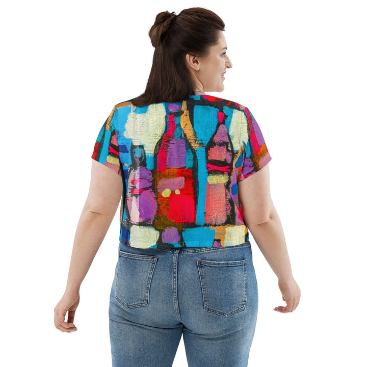 Womens Stretch Fit Crop Tee T-shirt Jersey - Sutileza Red Multicolor Abstract