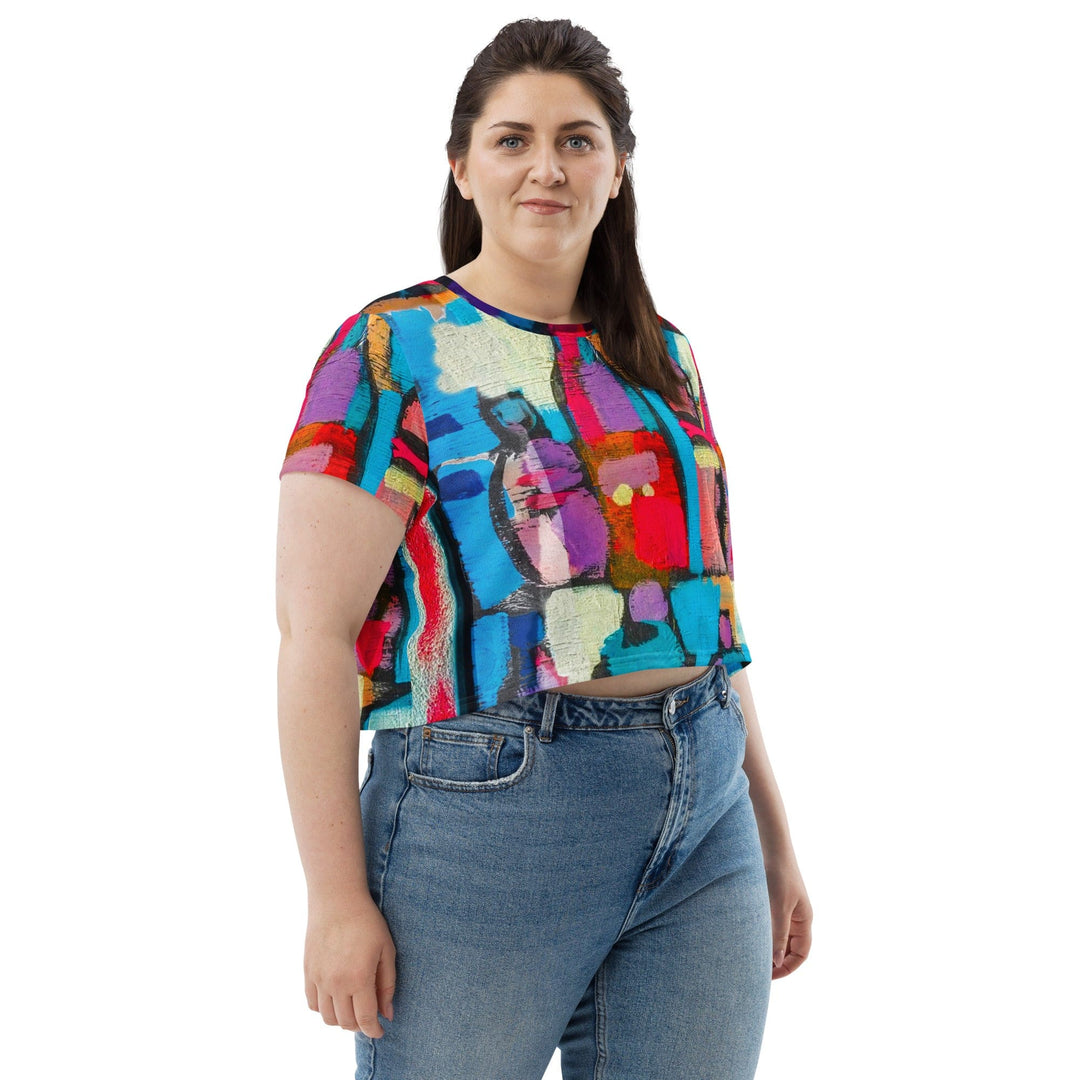 Womens Stretch Fit Crop Tee T-shirt Jersey - Sutileza Red Multicolor Abstract