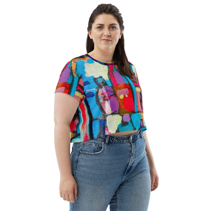 Womens Stretch Fit Crop Tee T-shirt Jersey - Sutileza Red Multicolor Abstract