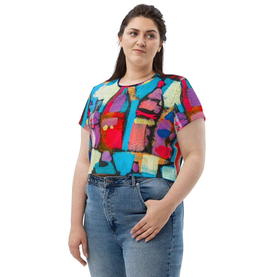 Womens Stretch Fit Crop Tee T-shirt Jersey - Sutileza Red Multicolor Abstract