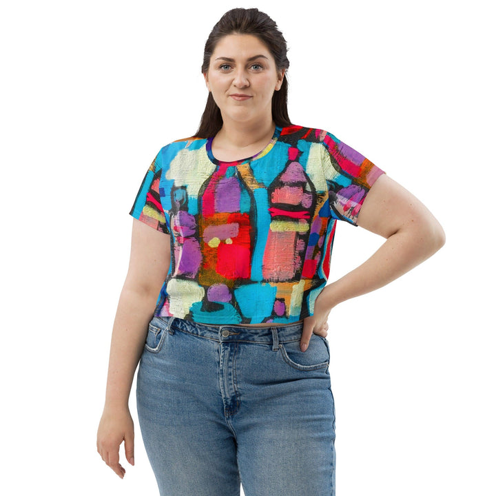Womens Stretch Fit Crop Tee T-shirt Jersey - Sutileza Red Multicolor Abstract