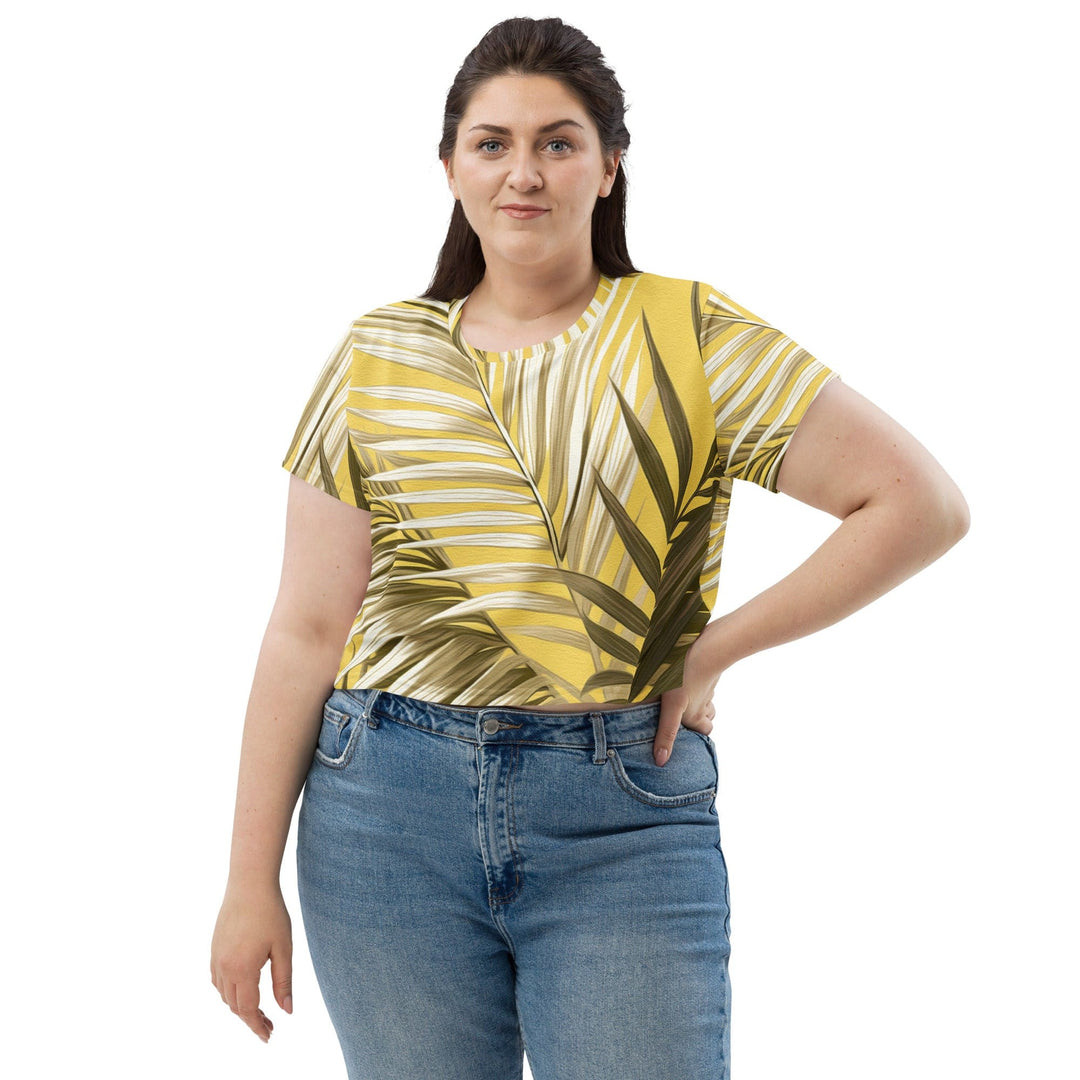 Womens Stretch Fit Crop Tee T-shirt Jersey - White Brown Palm Leaves