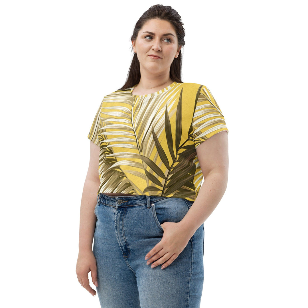 Womens Stretch Fit Crop Tee T-shirt Jersey - White Brown Palm Leaves