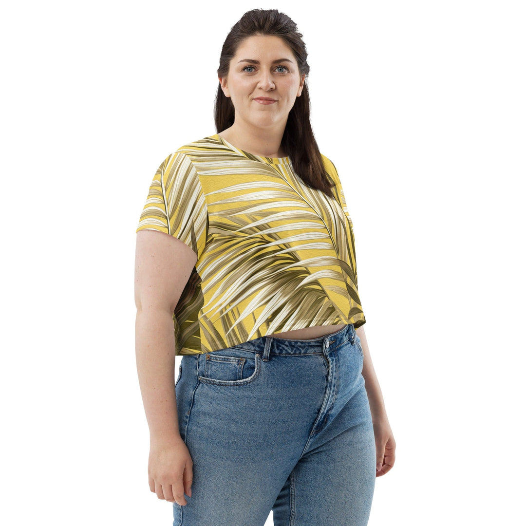 Womens Stretch Fit Crop Tee T-shirt Jersey - White Brown Palm Leaves