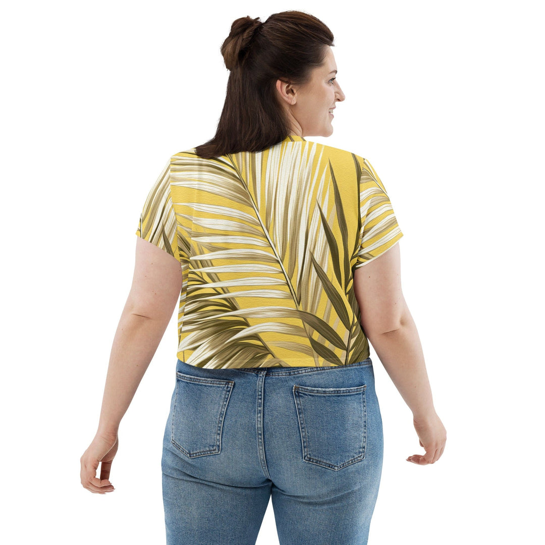 Womens Stretch Fit Crop Tee T-shirt Jersey - White Brown Palm Leaves