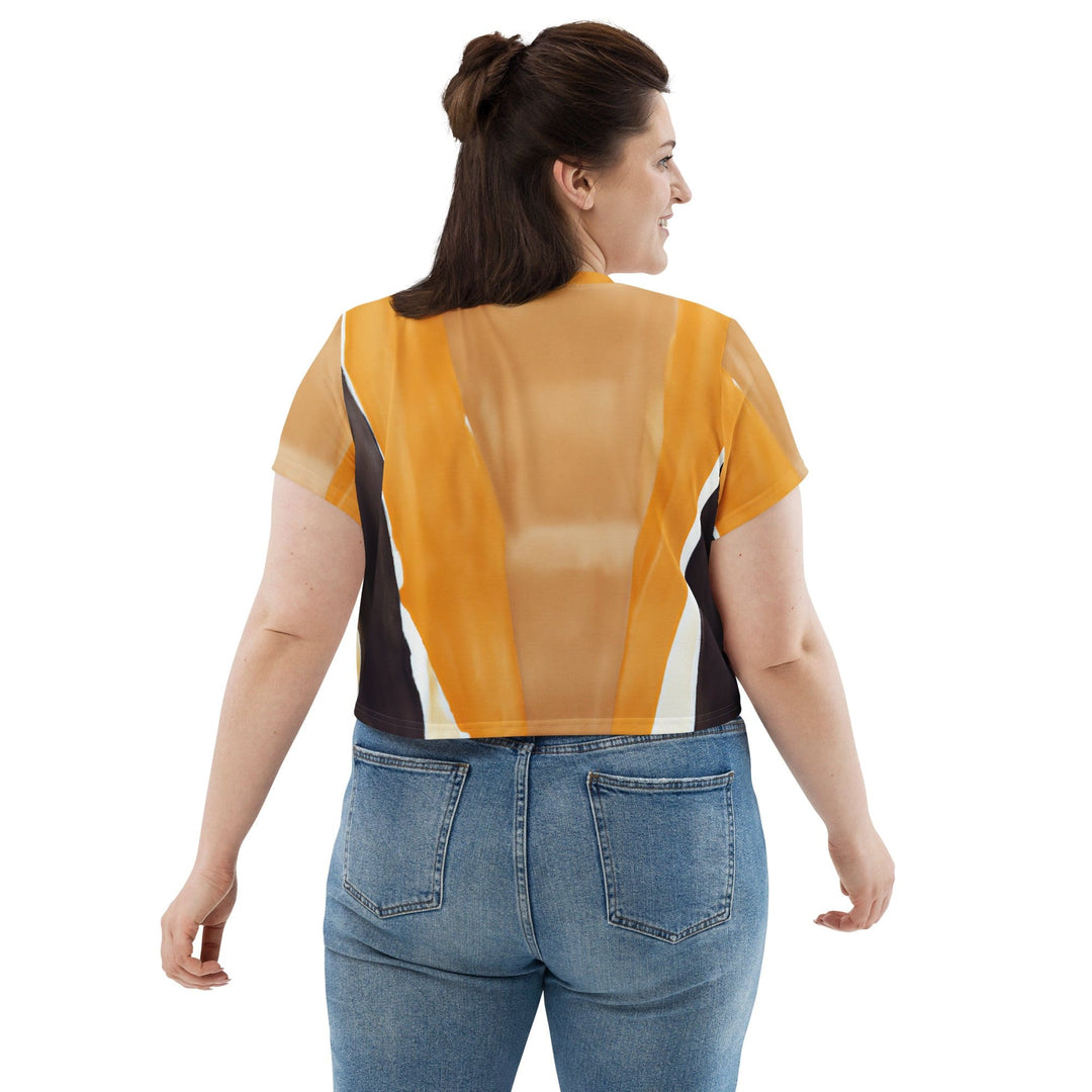 Womens Stretch Fit Crop Tee T-shirt Jersey - Yellow Brown Abstract Pattern