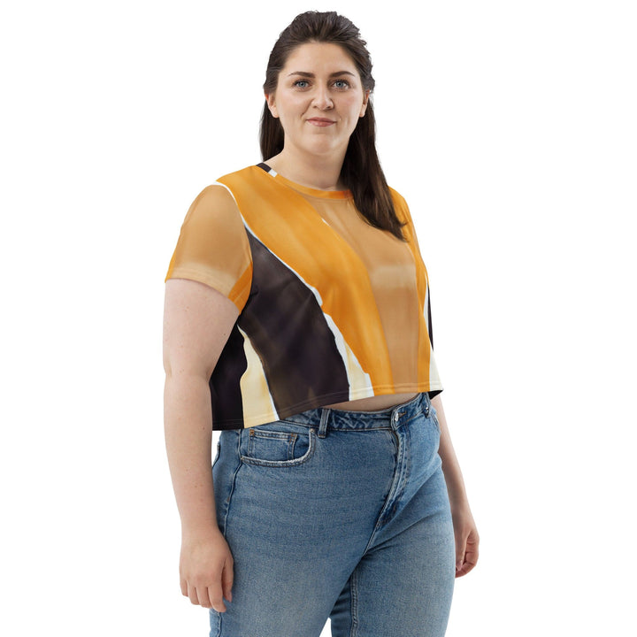 Womens Stretch Fit Crop Tee T-shirt Jersey - Yellow Brown Abstract Pattern