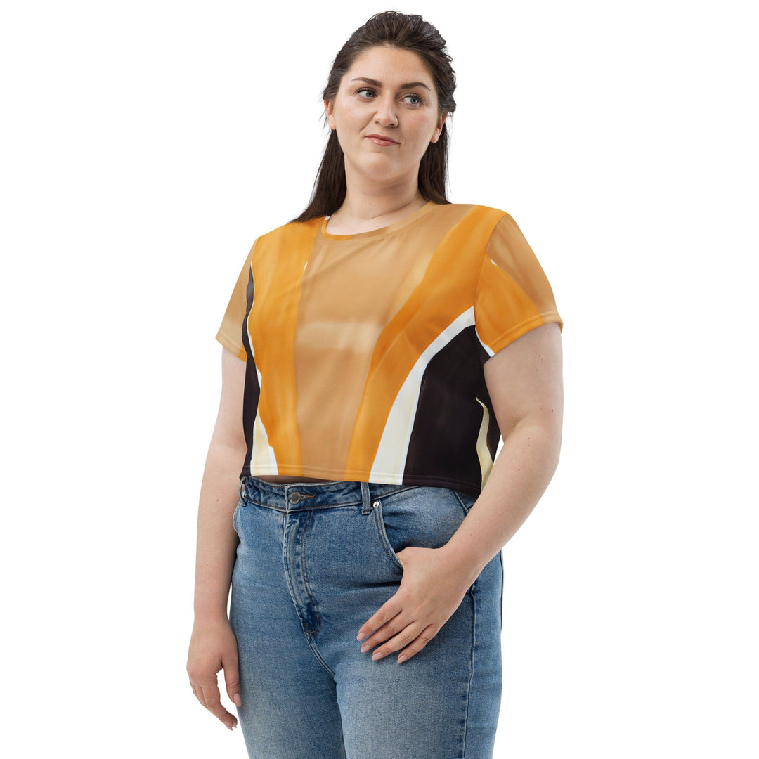 Womens Stretch Fit Crop Tee T-shirt Jersey - Yellow Brown Abstract Pattern