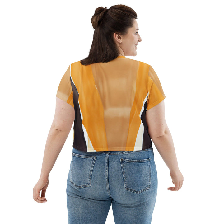 Womens Stretch Fit Crop Tee T-shirt Jersey - Yellow Brown Abstract Pattern