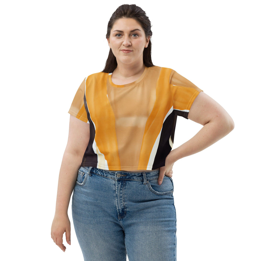 Womens Stretch Fit Crop Tee T-shirt Jersey - Yellow Brown Abstract Pattern