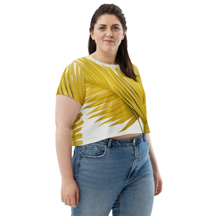 Womens Stretch Fit Crop Tee T-shirt Jersey - Yellow Palm Leaves