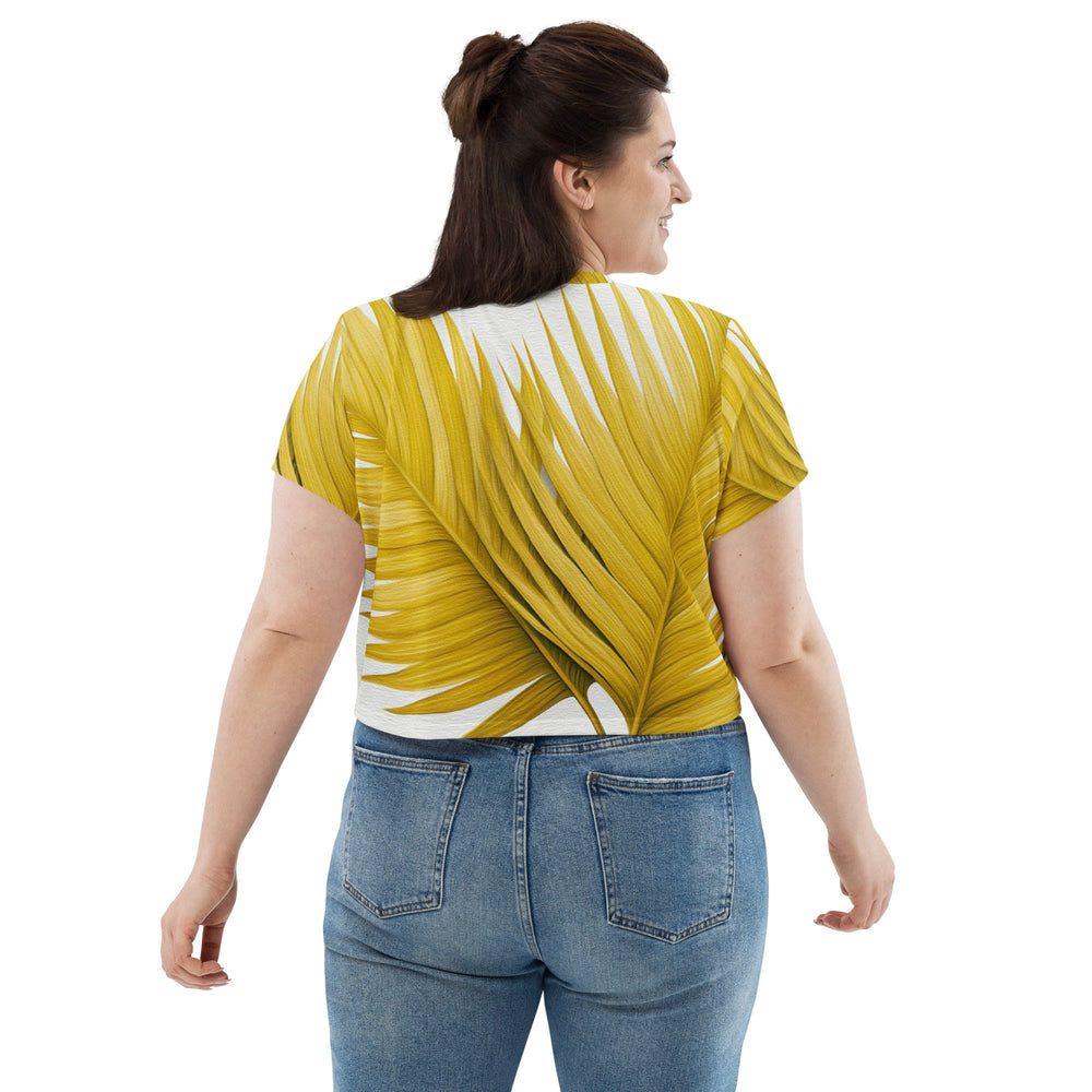 Womens Stretch Fit Crop Tee T-shirt Jersey - Yellow Palm Leaves