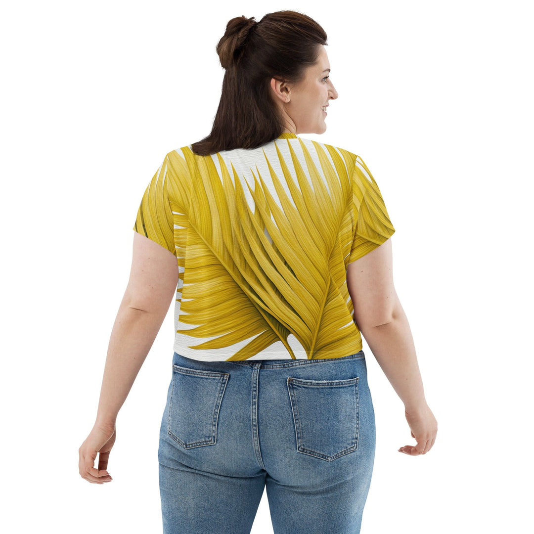 Womens Stretch Fit Crop Tee T-shirt Jersey - Yellow Palm Leaves