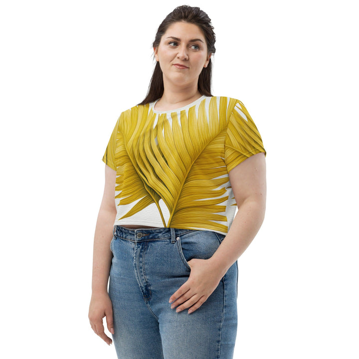Womens Stretch Fit Crop Tee T-shirt Jersey - Yellow Palm Leaves
